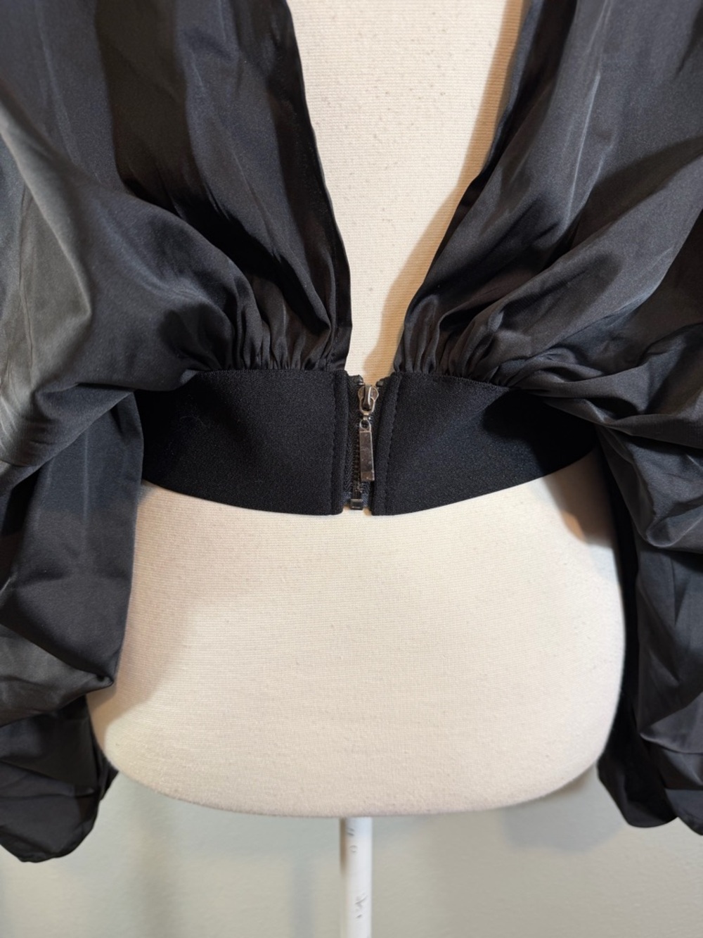 Black Satin Draped Open Back Blouse Size L Dolman Kimono Sleeve Minimalist Goth - Picture 8 of 12